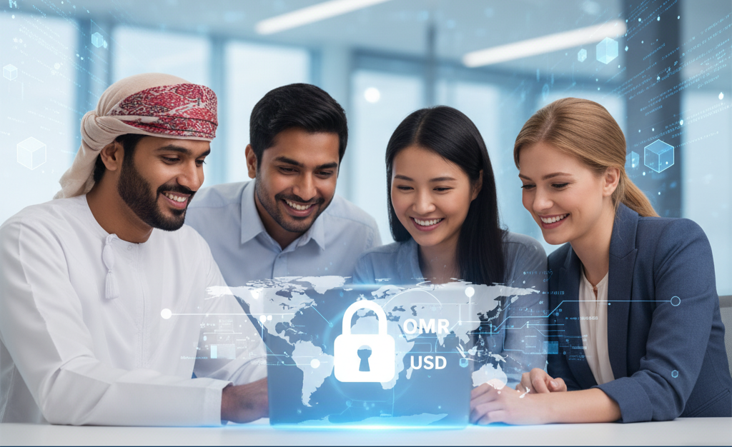 Group of people smiling while using a laptop with digital graphics of a secure money transfer, showing OMR to USD currency exchange.