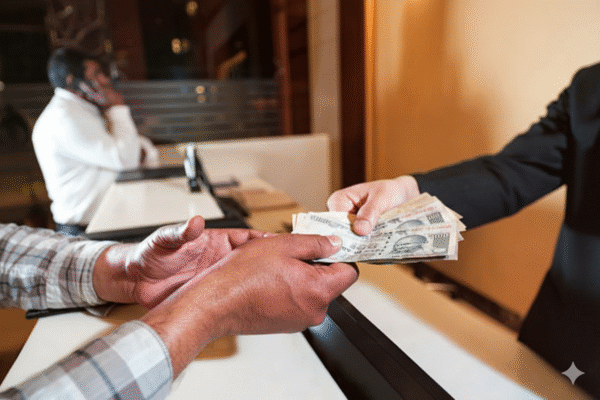 A customer receiving Indian rupee notes at a money exchange counter, representing money transfer from Oman to India with secure and reliable service.