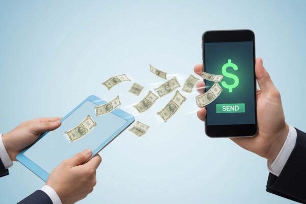 Digital transaction concept showing money being transferred between a tablet and smartphone, representing fast money transfer Oman to India.